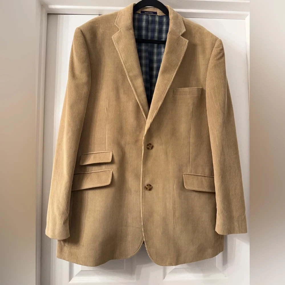 Alan Flusser Corduroy Blazer Jacket 46L Tan Camel Ticket‎ Pocket Academia